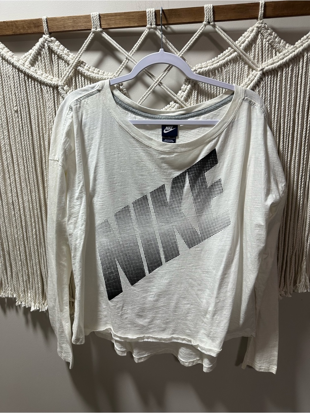 Nike White Long Sleeve Tee with Black Diagonal Logo